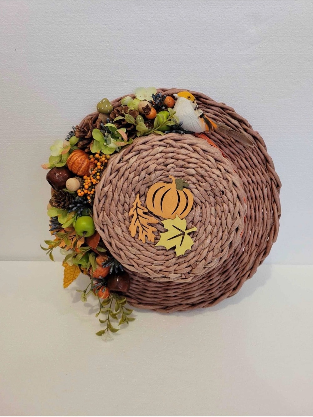 Handmade 11.5” Fall Harvest Wicker Hat Wall Decor